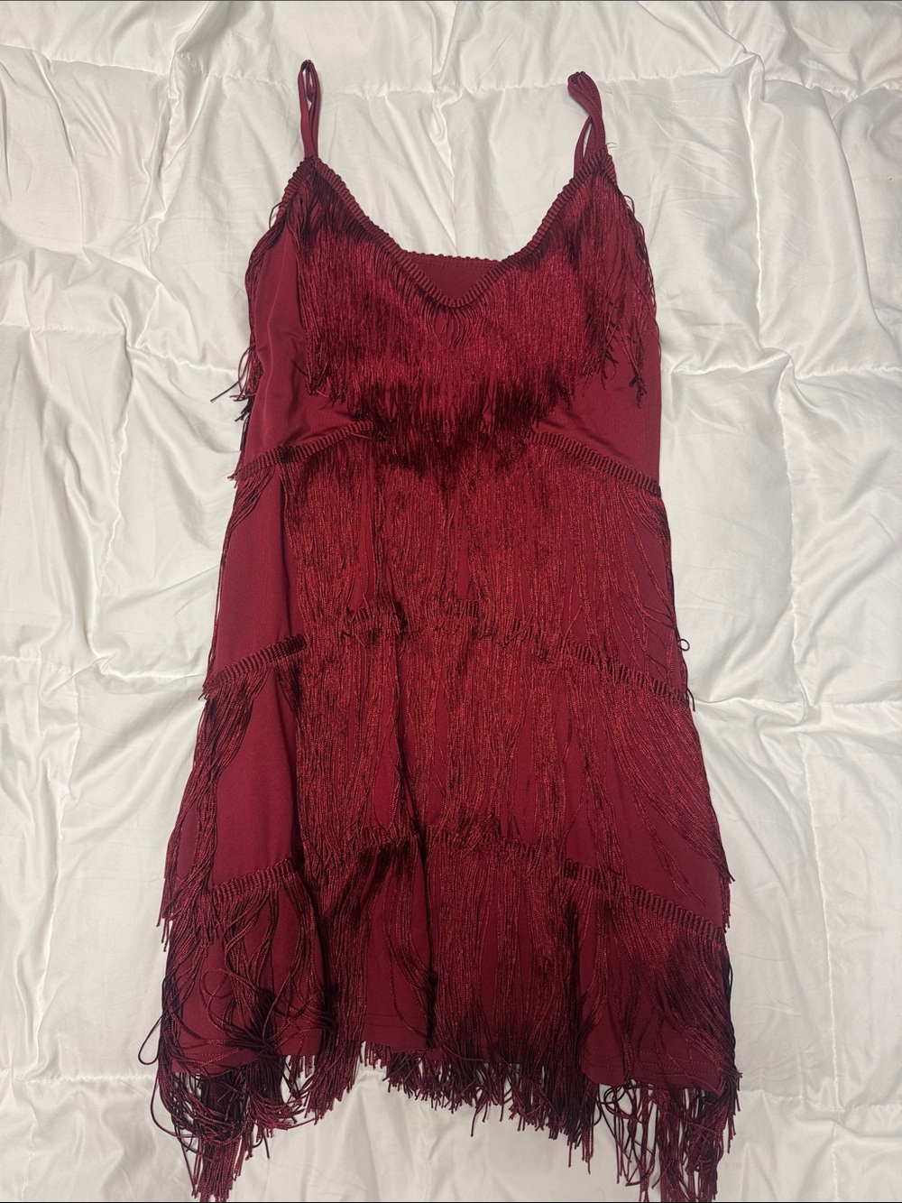 Fringed Spaghetti Strap Slip Dress - Deep Wine
